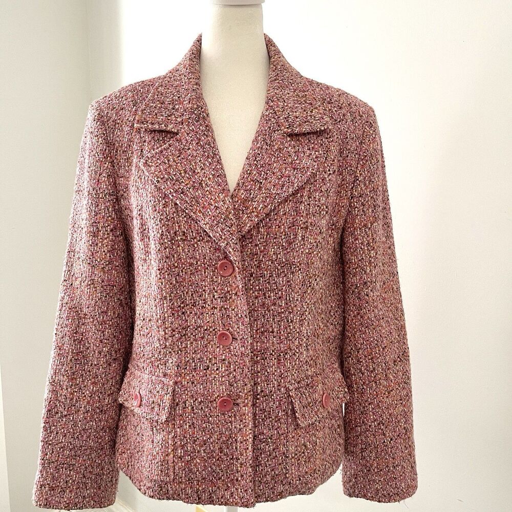 Talbots Blazer Womens 12 Petite Rose Pink Tweed Wool Blend Career Casual Jacket